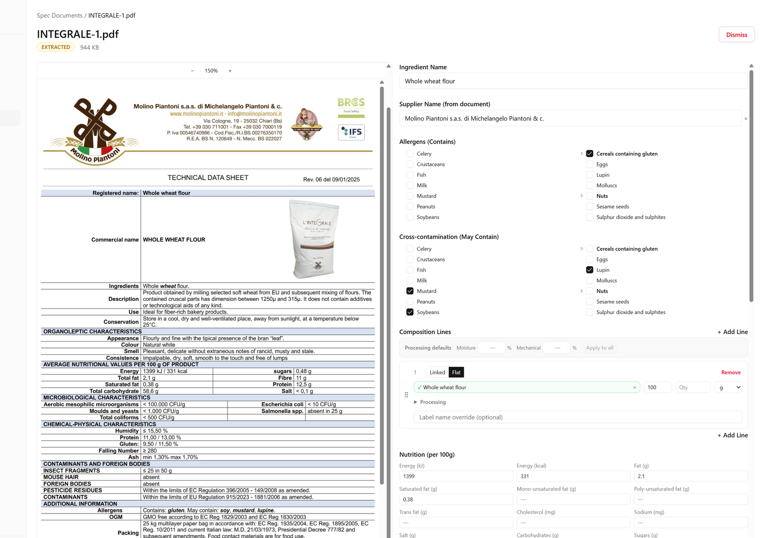 AI extraction of a supplier spec document into structured ingredient data