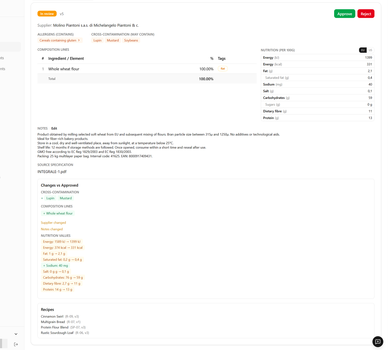 Version diff showing allergen, composition and nutrition changes with approve and reject actions