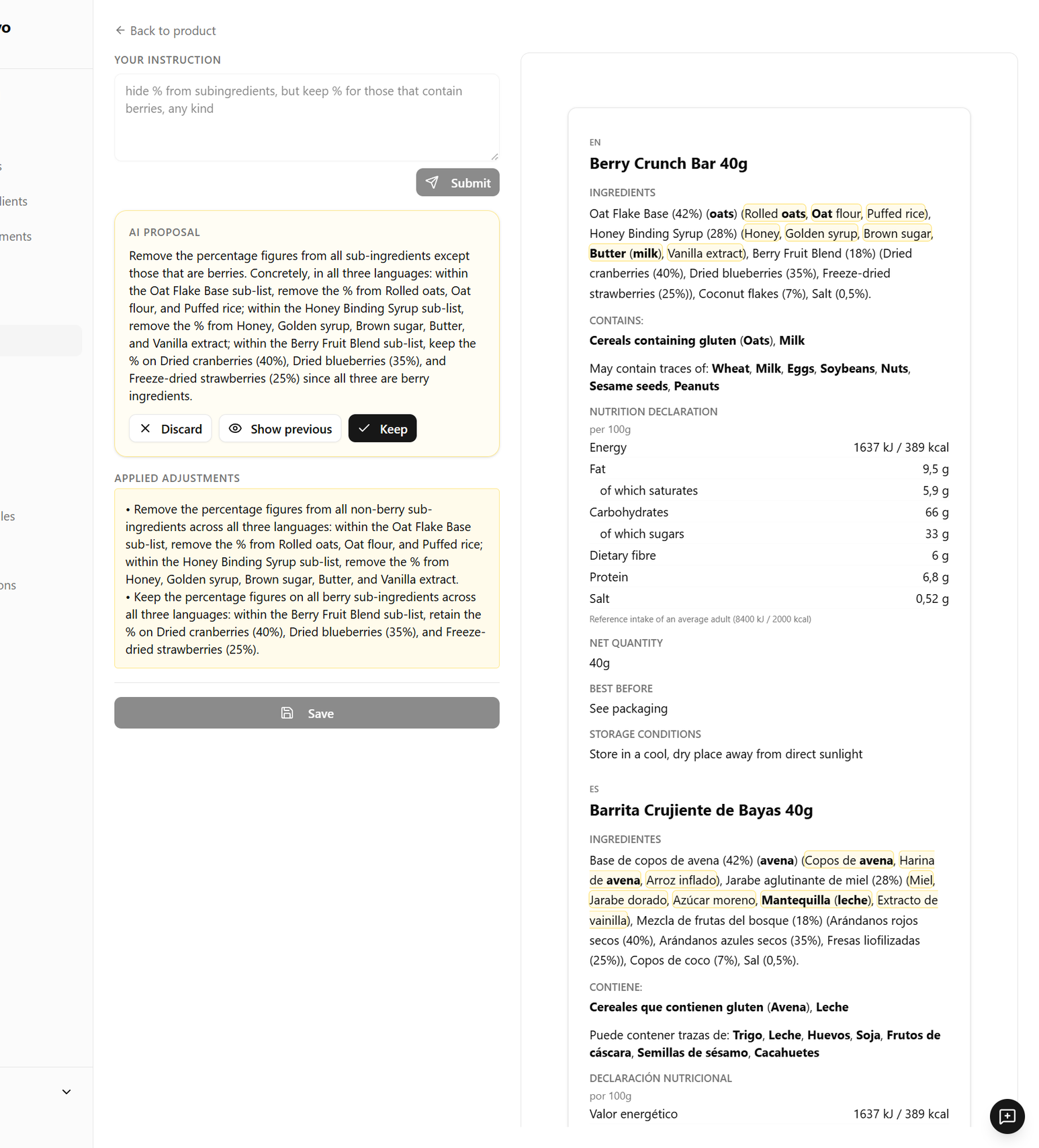 AI-assisted multi-language label editor applying a plain-language instruction