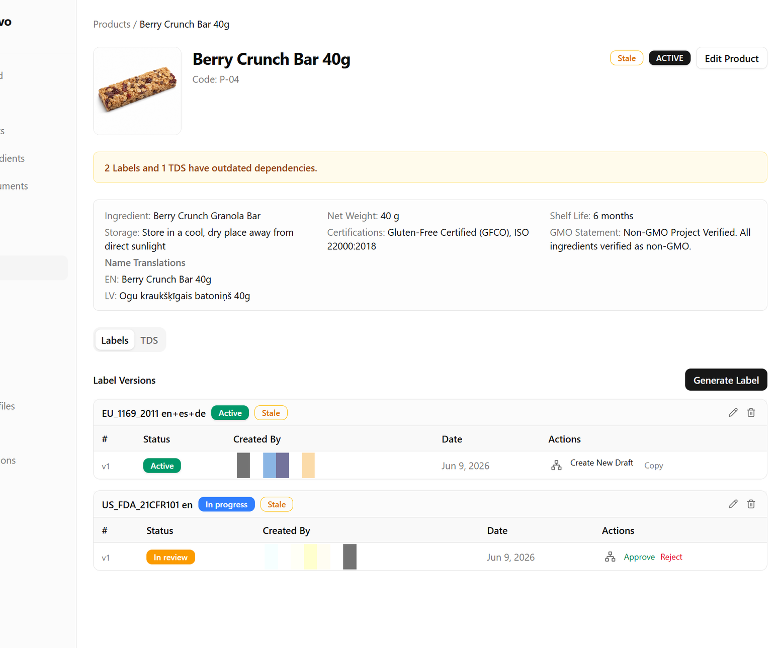Product detail page with per-market label versions and their status