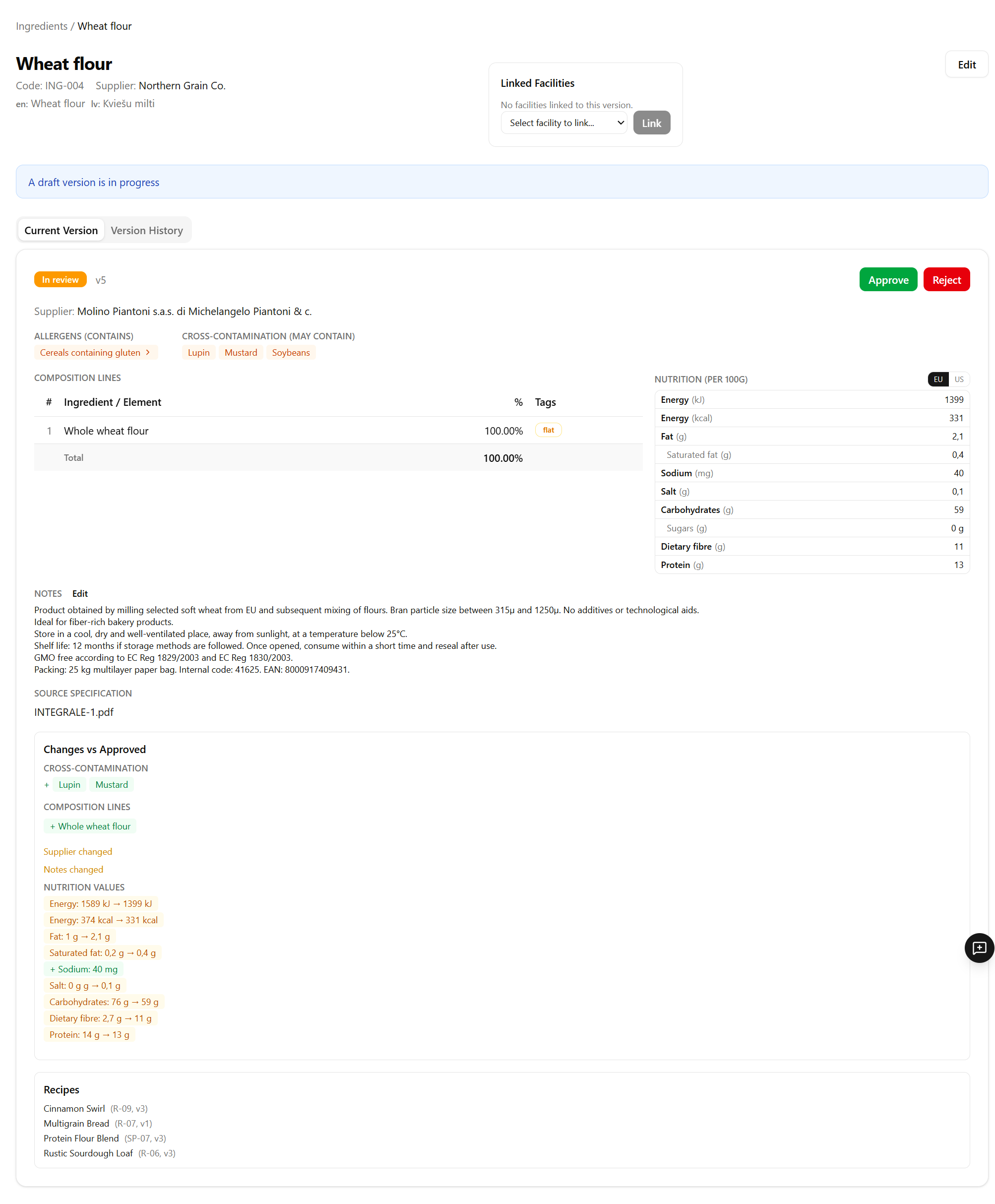 Ingredient record in Ingredivo showing allergens, cross-contamination, composition and version approval